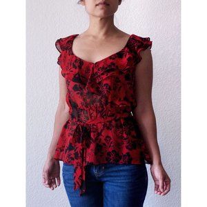 Express red floral sleeveless flutter top (XS)